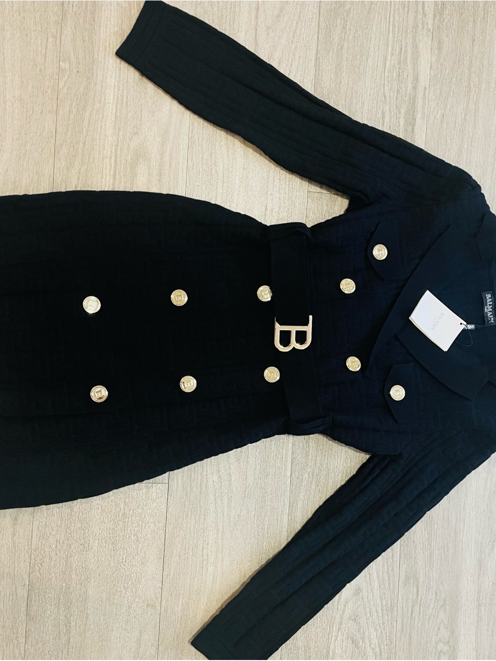 Balmain Black Double-Breasted Blazer Dress with Gold B Buckle